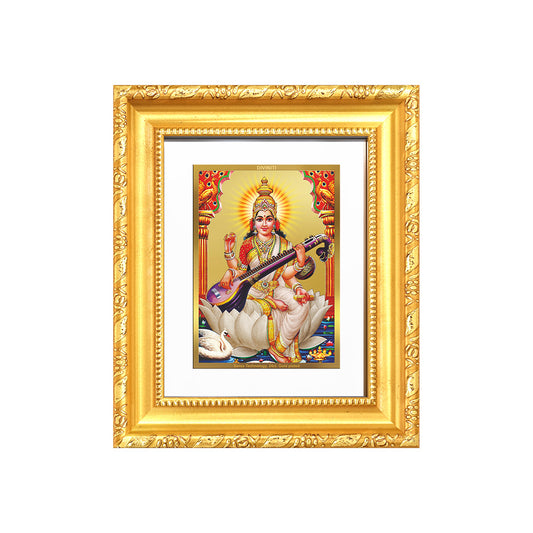 Goddess Saraswati | Divine Mother of Wisdom & Arts Wall & Tabletop Frame in 24K Gold Plated Foil