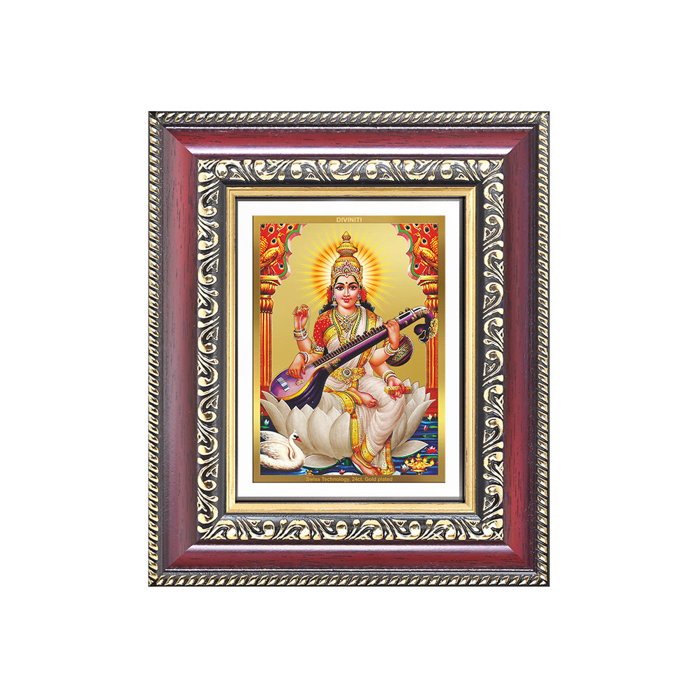 Goddess Saraswati | Divine Mother of Wisdom & Arts Wall & Tabletop Frame in 24K Gold Plated Foil