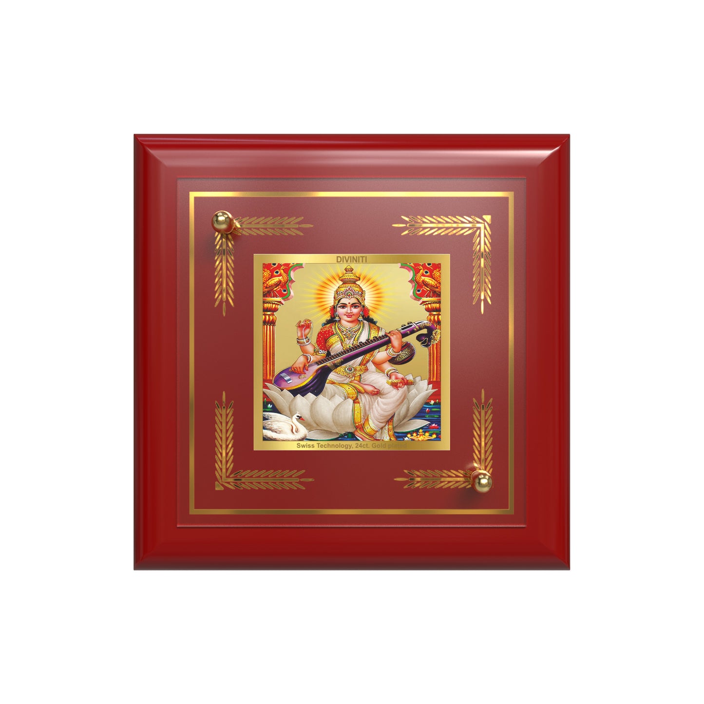 Goddess Saraswati | Divine Mother of Wisdom & Arts Tabletop Frame in 24K Gold Plated Foil