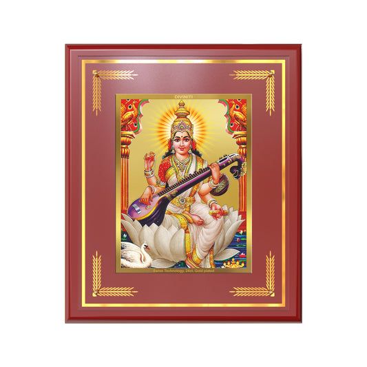 Goddess Saraswati | Divine Mother of Wisdom & Arts Wall Mount Photo Frame in 24K Gold Plated Foil