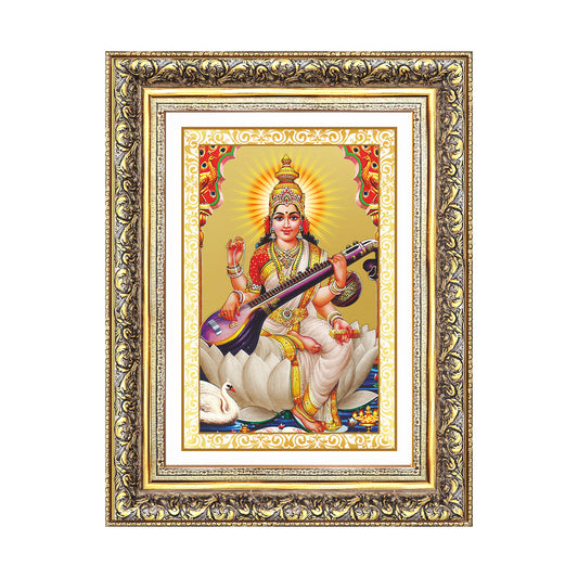 Goddess Saraswati | Divine Mother of Wisdom & Arts Wall Mount Photo Frame in 24K Gold Plated Foil