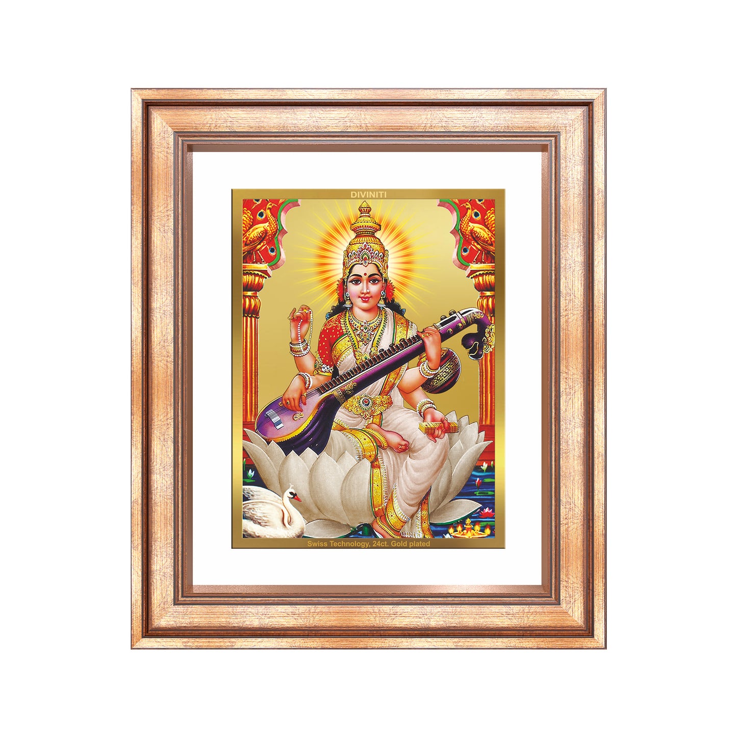 Goddess Saraswati | Divine Mother of Wisdom & Arts Wall Mount Photo Frame in 24K Gold Plated Foil