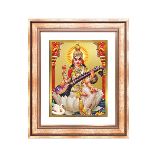 Goddess Saraswati | Divine Mother of Wisdom & Arts Wall Mount Photo Frame in 24K Gold Plated Foil