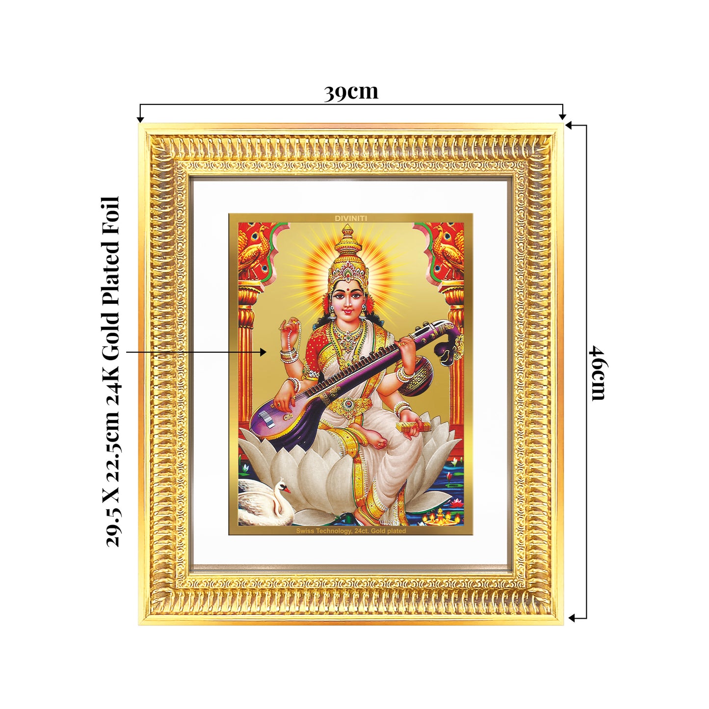 Goddess Saraswati | Divine Mother of Wisdom & Arts Wall Mount Photo Frame in 24K Gold Plated Foil