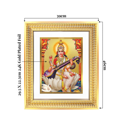 Goddess Saraswati | Divine Mother of Wisdom & Arts Wall Mount Photo Frame in 24K Gold Plated Foil