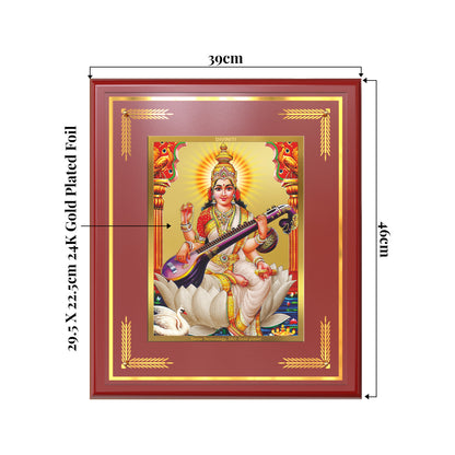 Goddess Saraswati | Divine Mother of Wisdom & Arts Wall Mount Photo Frame in 24K Gold Plated Foil