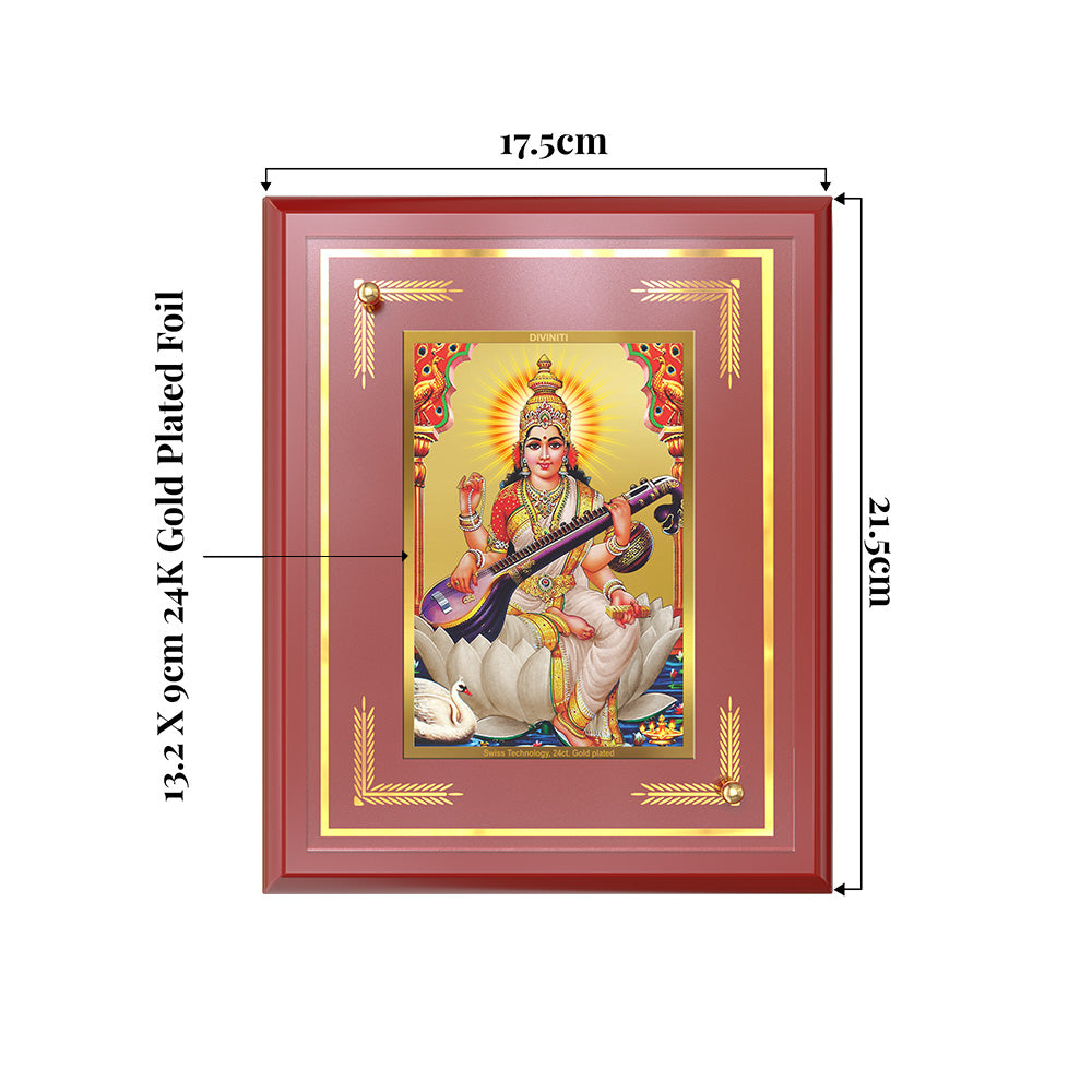 Goddess Saraswati | Divine Mother of Wisdom & Arts Wall and Tabletop Photo Frame in 24K Gold Plated Foil