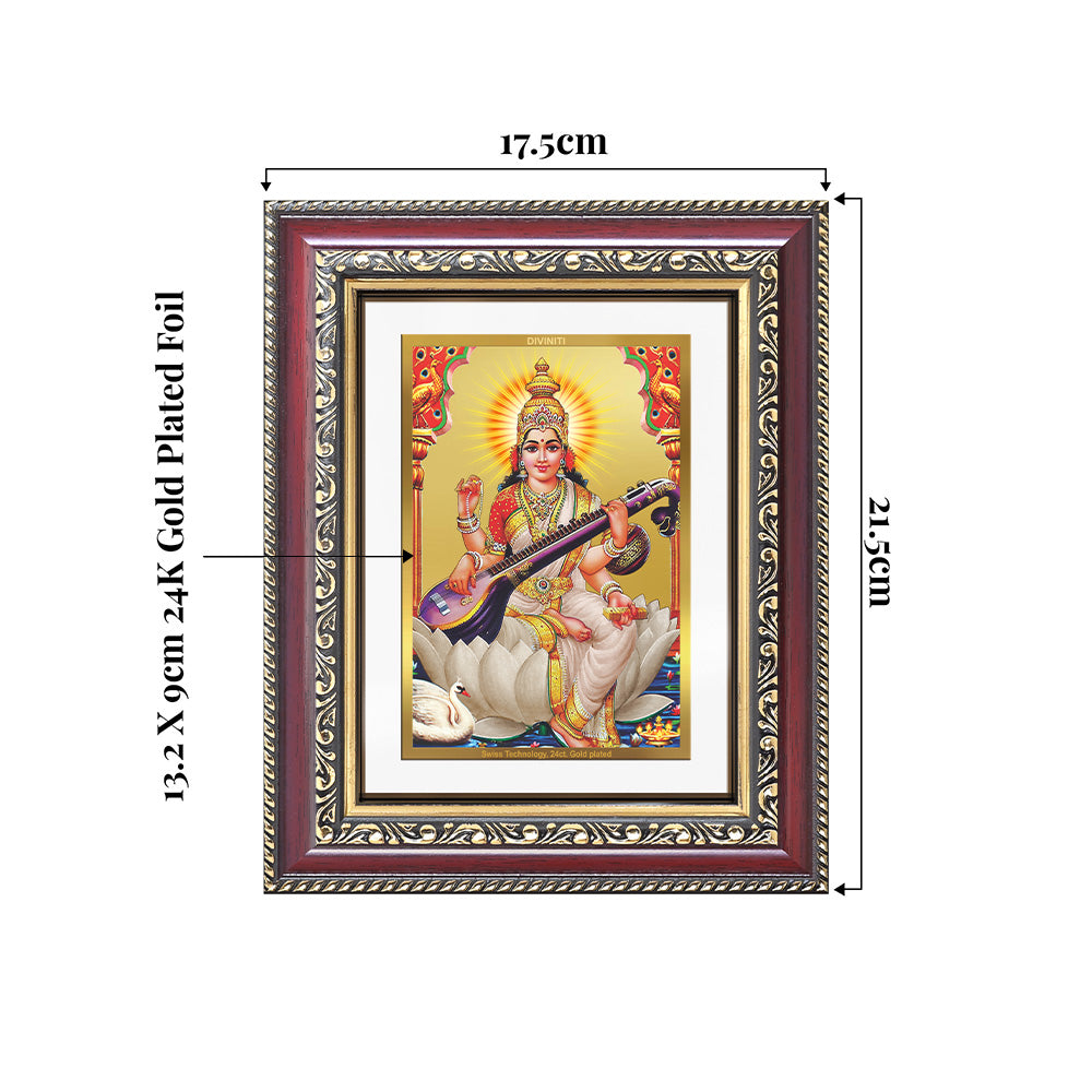 Goddess Saraswati | Divine Mother of Wisdom & Arts Wall and Tabletop Photo Frame in 24K Gold Plated Foil
