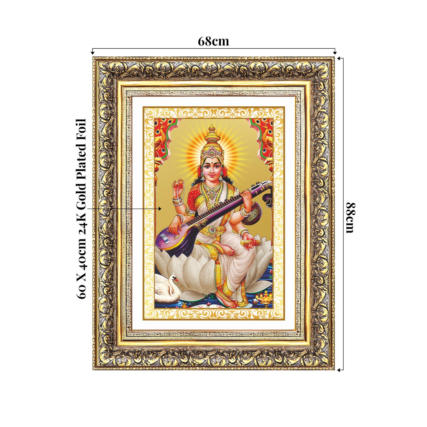 Goddess Saraswati | Divine Mother of Wisdom & Arts Wall Mount Photo Frame in 24K Gold Plated Foil