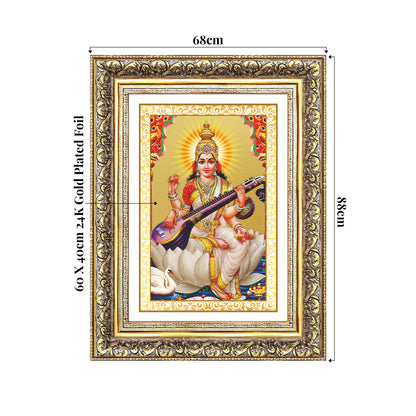 Goddess Saraswati | Divine Mother of Wisdom & Arts Wall Mount Photo Frame in 24K Gold Plated Foil