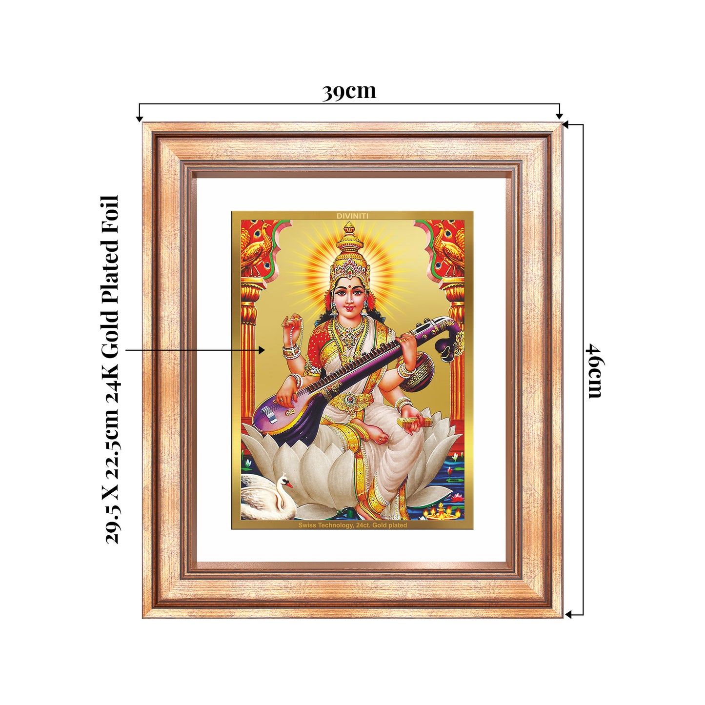 Goddess Saraswati | Divine Mother of Wisdom & Arts Wall Mount Photo Frame in 24K Gold Plated Foil