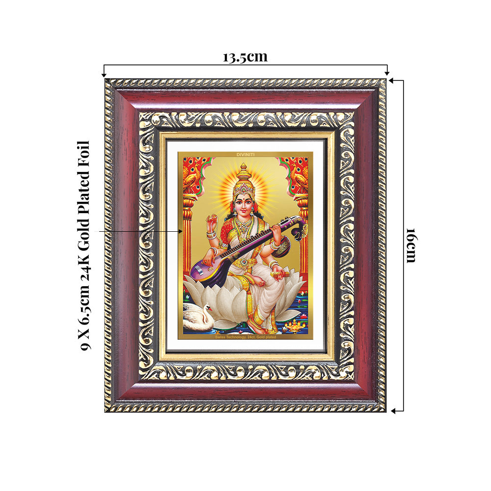 Goddess Saraswati | Divine Mother of Wisdom & Arts Wall & Tabletop Frame in 24K Gold Plated Foil