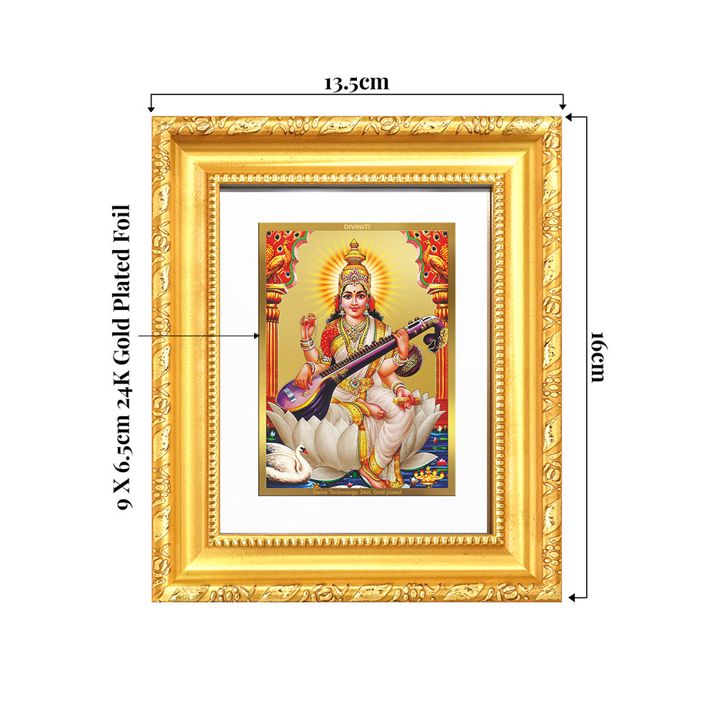 Goddess Saraswati | Divine Mother of Wisdom & Arts Wall & Tabletop Frame in 24K Gold Plated Foil