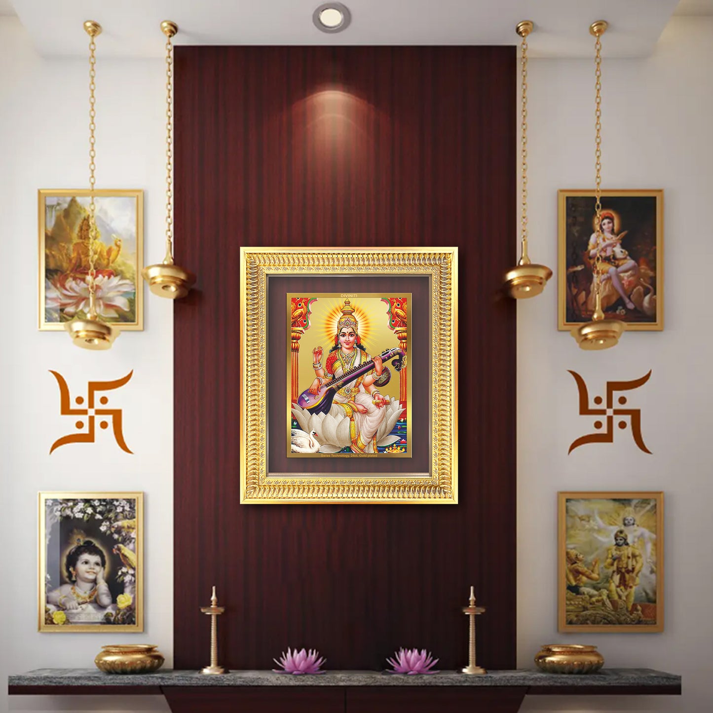 Goddess Saraswati | Divine Mother of Wisdom & Arts Wall Mount Photo Frame in 24K Gold Plated Foil