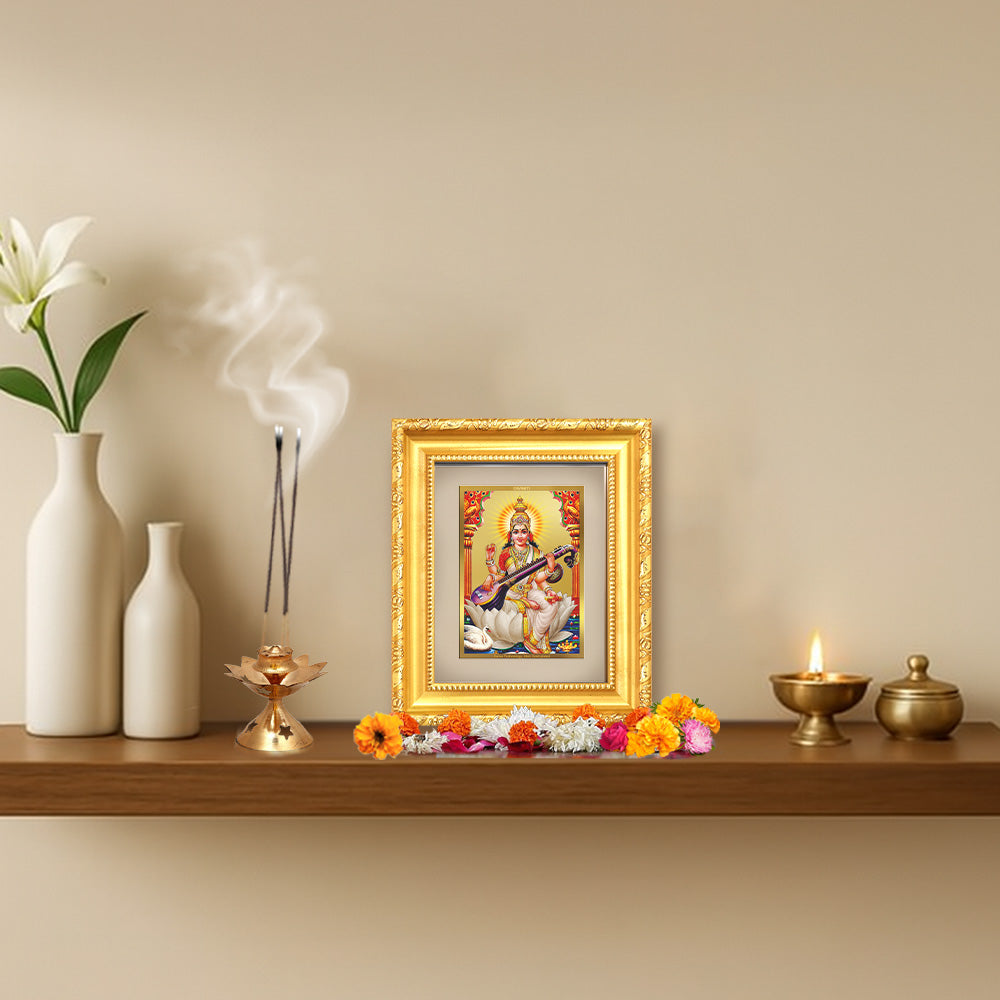 Goddess Saraswati | Divine Mother of Wisdom & Arts Wall & Tabletop Frame in 24K Gold Plated Foil