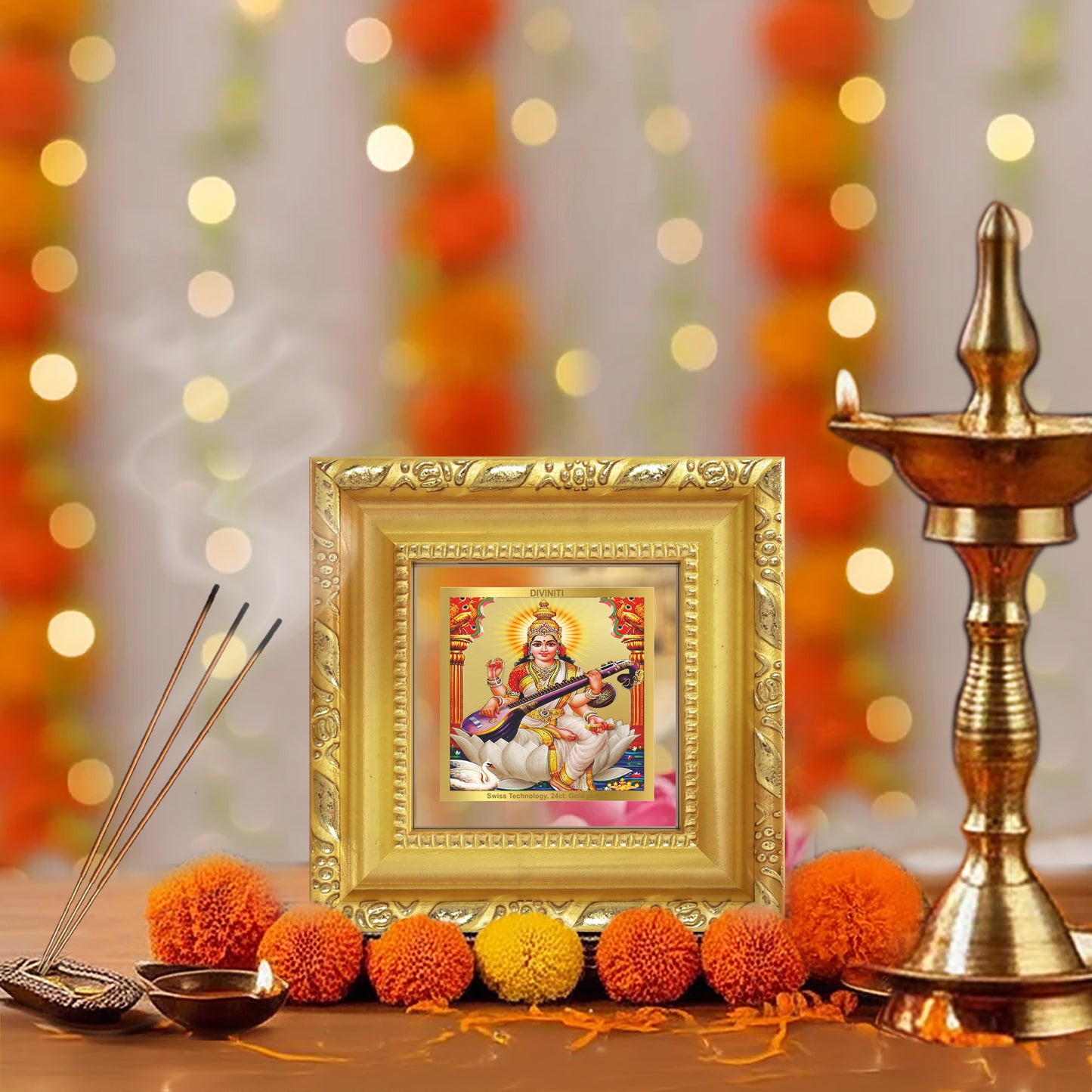 Goddess Saraswati | Divine Mother of Wisdom & Arts Tabletop Frame in 24K Gold Plated Foil