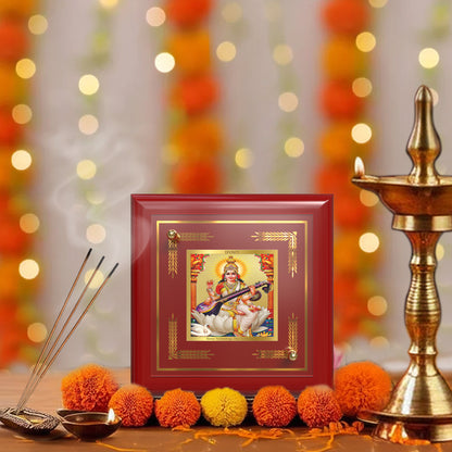 Goddess Saraswati | Divine Mother of Wisdom & Arts Tabletop Frame in 24K Gold Plated Foil