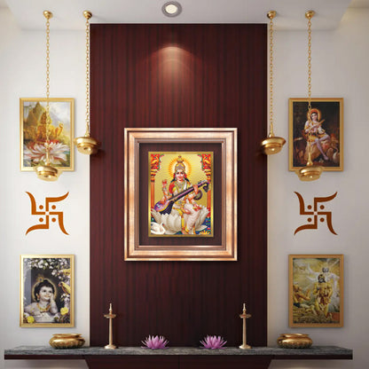 Goddess Saraswati | Divine Mother of Wisdom & Arts Wall Mount Photo Frame in 24K Gold Plated Foil