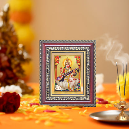 Goddess Saraswati | Divine Mother of Wisdom & Arts Wall & Tabletop Frame in 24K Gold Plated Foil