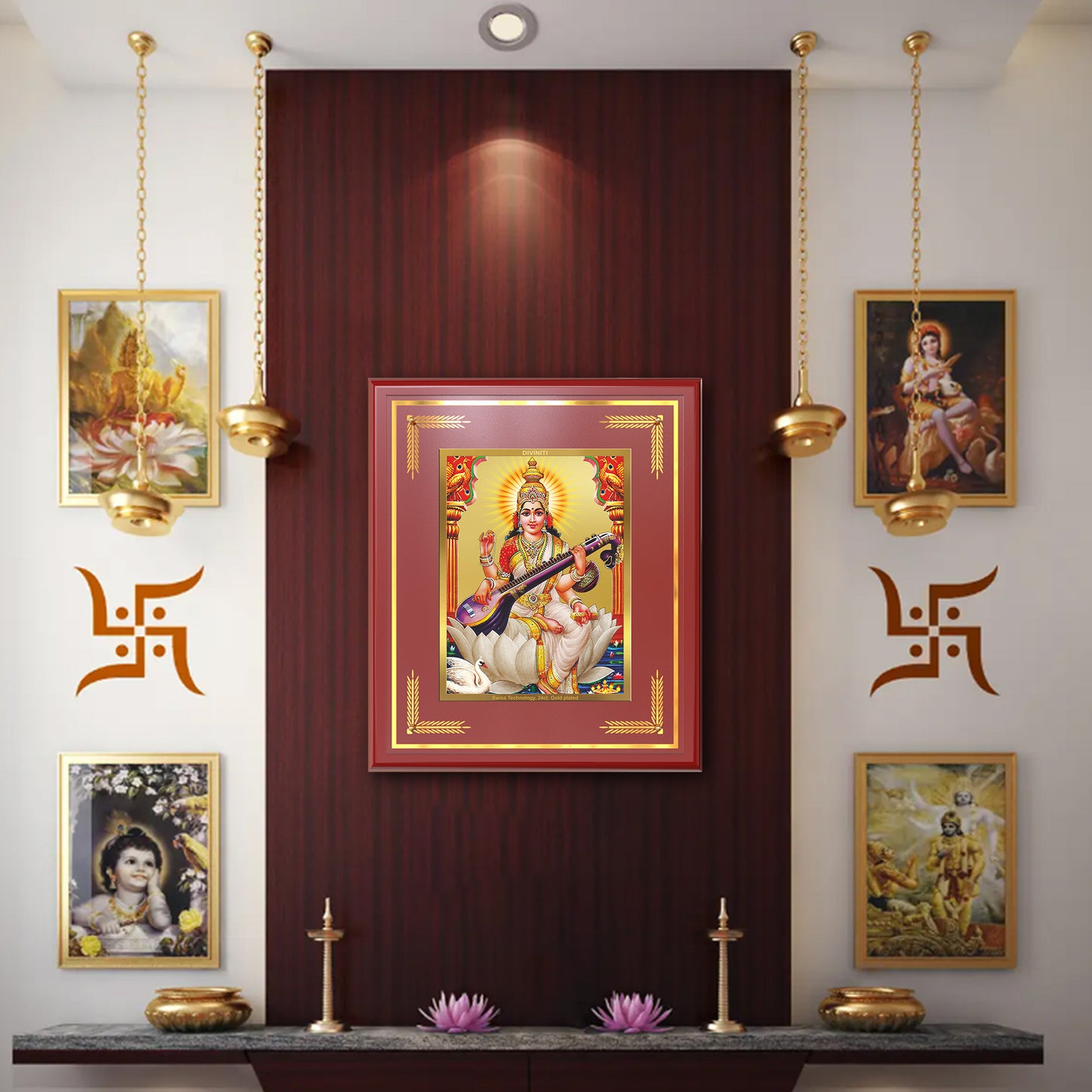 Goddess Saraswati | Divine Mother of Wisdom & Arts Wall Mount Photo Frame in 24K Gold Plated Foil