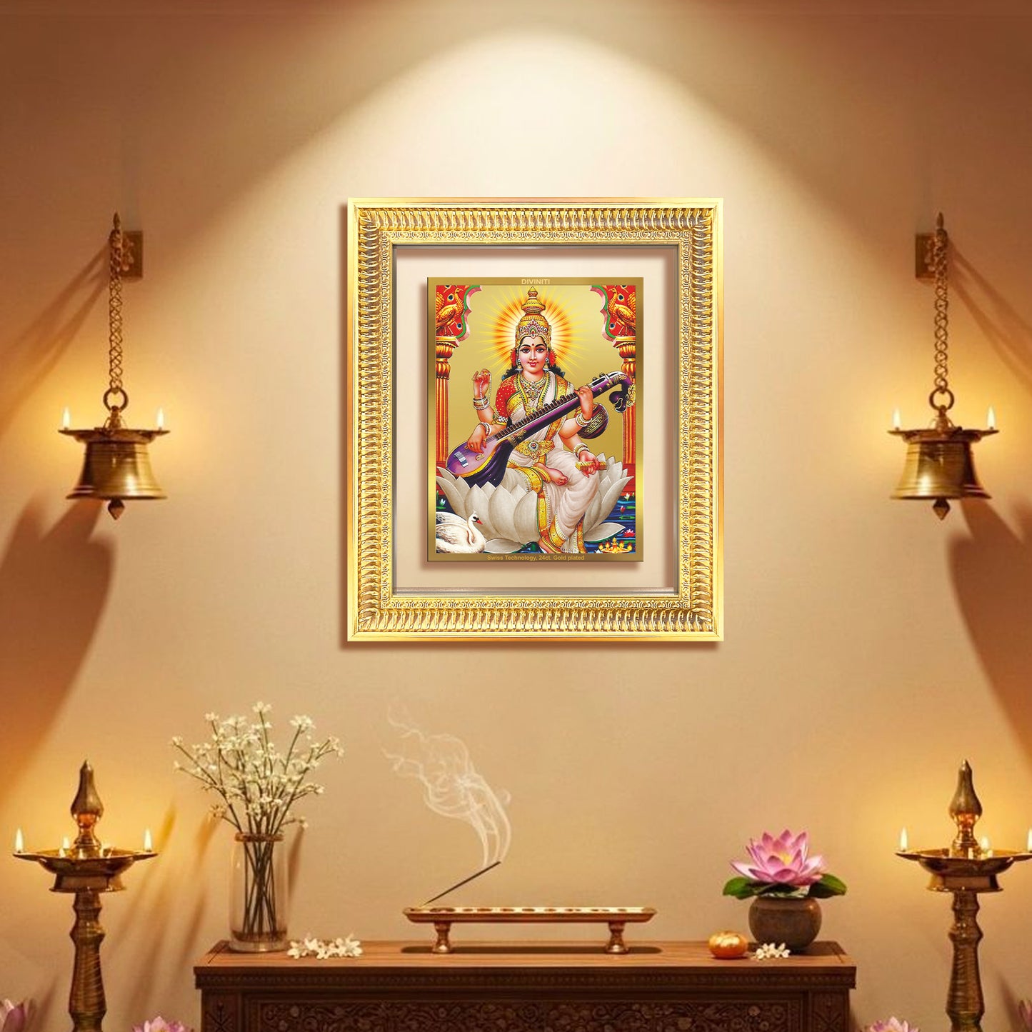 Goddess Saraswati | Divine Mother of Wisdom & Arts Wall Mount Photo Frame in 24K Gold Plated Foil
