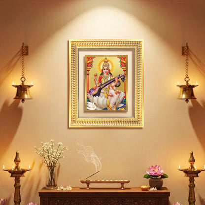 Goddess Saraswati | Divine Mother of Wisdom & Arts Wall Mount Photo Frame in 24K Gold Plated Foil