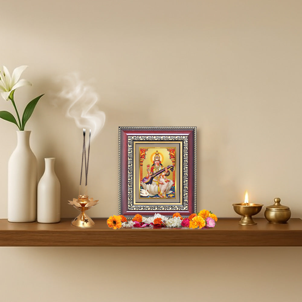 Goddess Saraswati | Divine Mother of Wisdom & Arts Wall & Tabletop Frame in 24K Gold Plated Foil