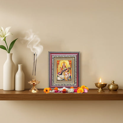 Goddess Saraswati | Divine Mother of Wisdom & Arts Wall & Tabletop Frame in 24K Gold Plated Foil