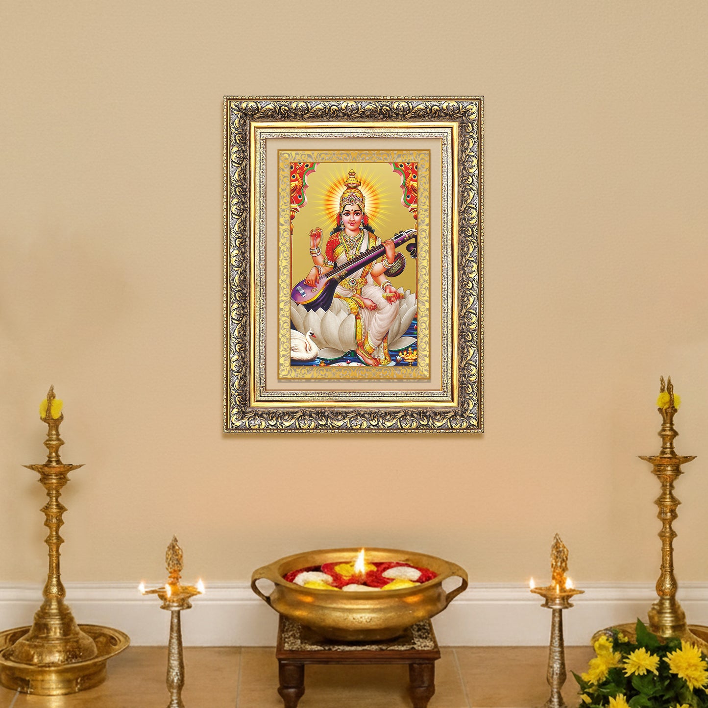 Goddess Saraswati | Divine Mother of Wisdom & Arts Wall Mount Photo Frame in 24K Gold Plated Foil