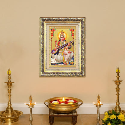 Goddess Saraswati | Divine Mother of Wisdom & Arts Wall Mount Photo Frame in 24K Gold Plated Foil