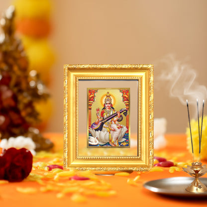 Goddess Saraswati | Divine Mother of Wisdom & Arts Wall & Tabletop Frame in 24K Gold Plated Foil