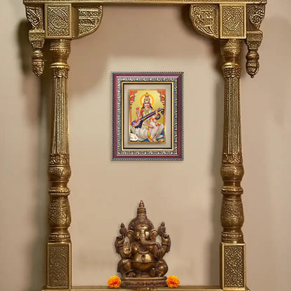 Goddess Saraswati | Divine Mother of Wisdom & Arts Wall and Tabletop Photo Frame in 24K Gold Plated Foil