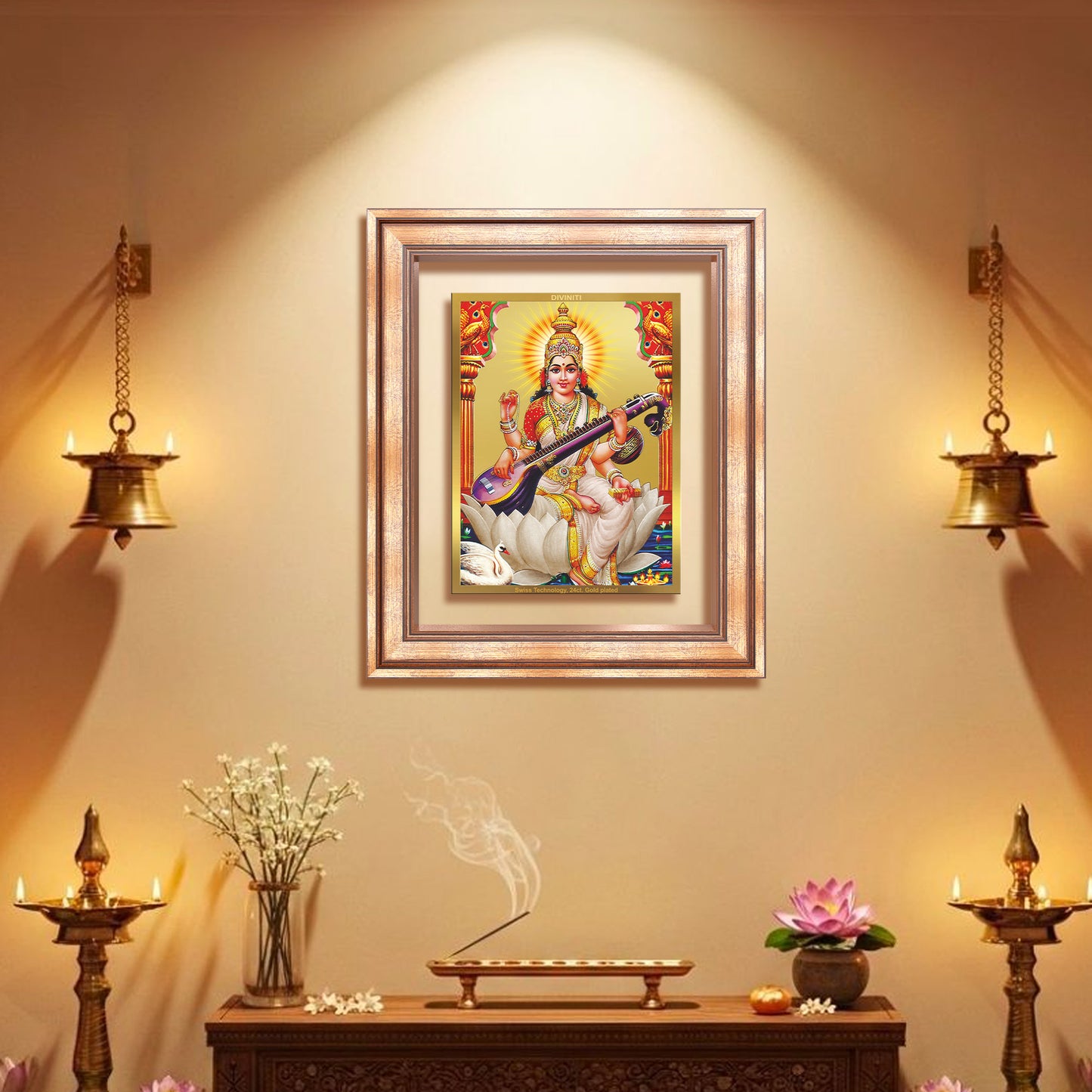 Goddess Saraswati | Divine Mother of Wisdom & Arts Wall Mount Photo Frame in 24K Gold Plated Foil
