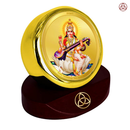 Goddess Saraswati Mata | Spiritual Car Dashboard & Tabletop Frame in 24K Gold Plated Foil