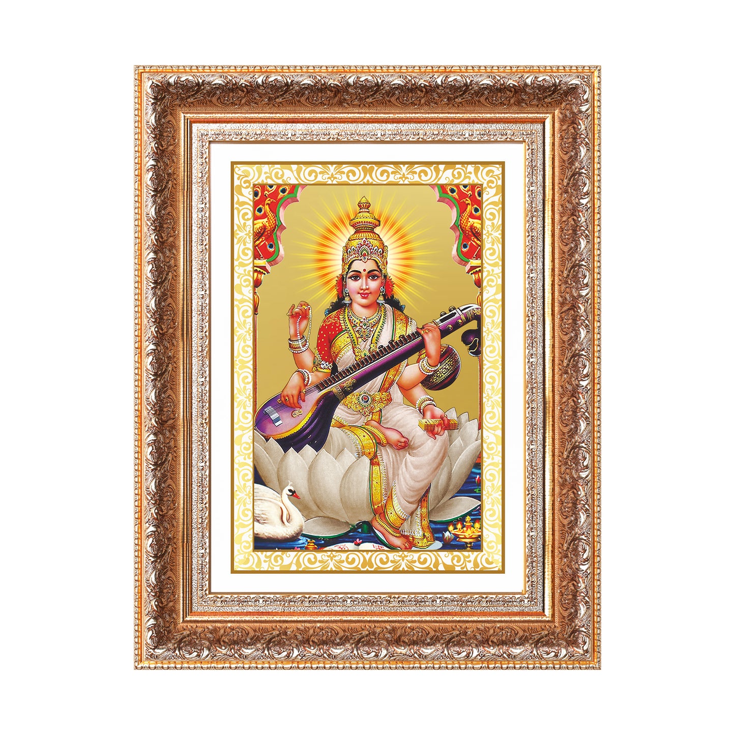 Goddess Saraswati | Divine Mother of Wisdom & Arts Wall Mount Photo Frame in 24K Gold Plated Foil