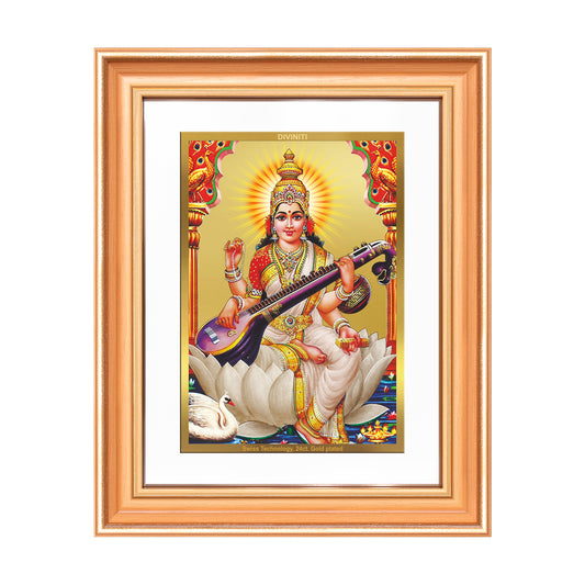 Goddess Saraswati | Divine Mother of Wisdom & Arts Wall Mount Photo Frame in 24K Gold Plated Foil
