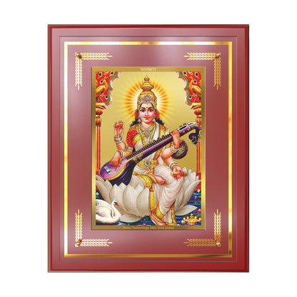 Goddess Saraswati | Divine Mother of Wisdom & Arts Wall Mount Photo Frame in 24K Gold Plated Foil