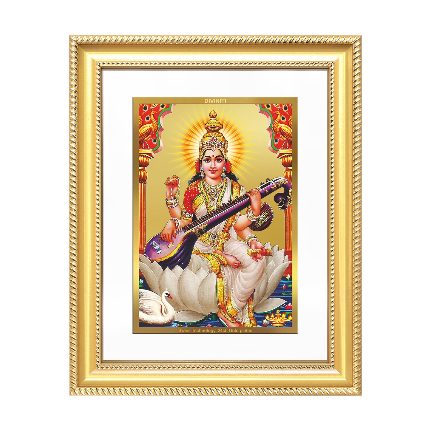 Goddess Saraswati | Divine Mother of Wisdom & Arts Wall Mount Photo Frame in 24K Gold Plated Foil