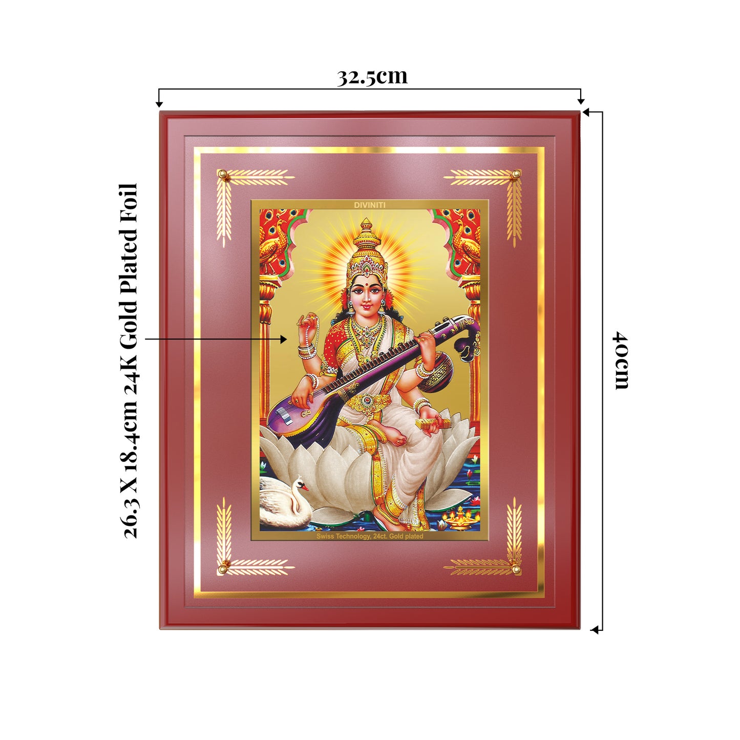 Goddess Saraswati | Divine Mother of Wisdom & Arts Wall Mount Photo Frame in 24K Gold Plated Foil