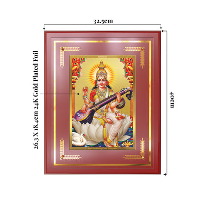 Goddess Saraswati | Divine Mother of Wisdom & Arts Wall Mount Photo Frame in 24K Gold Plated Foil