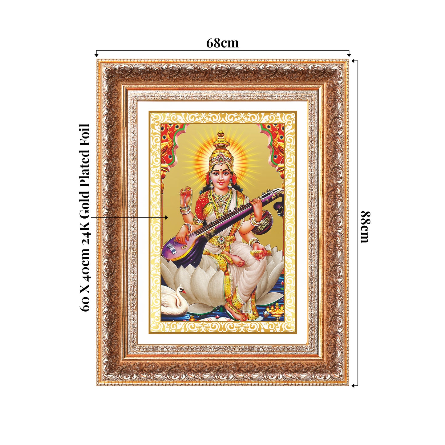 Goddess Saraswati | Divine Mother of Wisdom & Arts Wall Mount Photo Frame in 24K Gold Plated Foil
