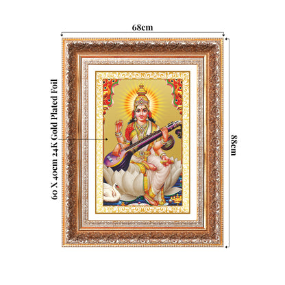 Goddess Saraswati | Divine Mother of Wisdom & Arts Wall Mount Photo Frame in 24K Gold Plated Foil