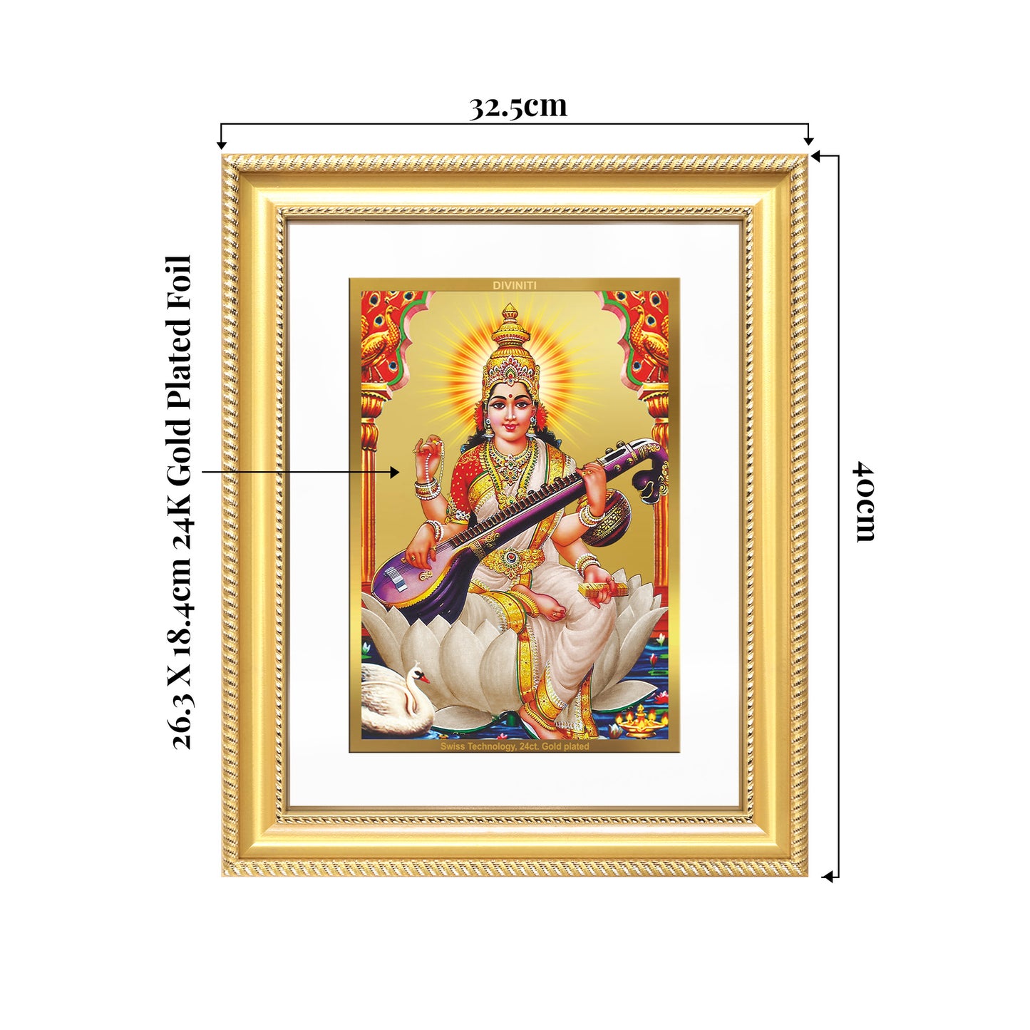 Goddess Saraswati | Divine Mother of Wisdom & Arts Wall Mount Photo Frame in 24K Gold Plated Foil