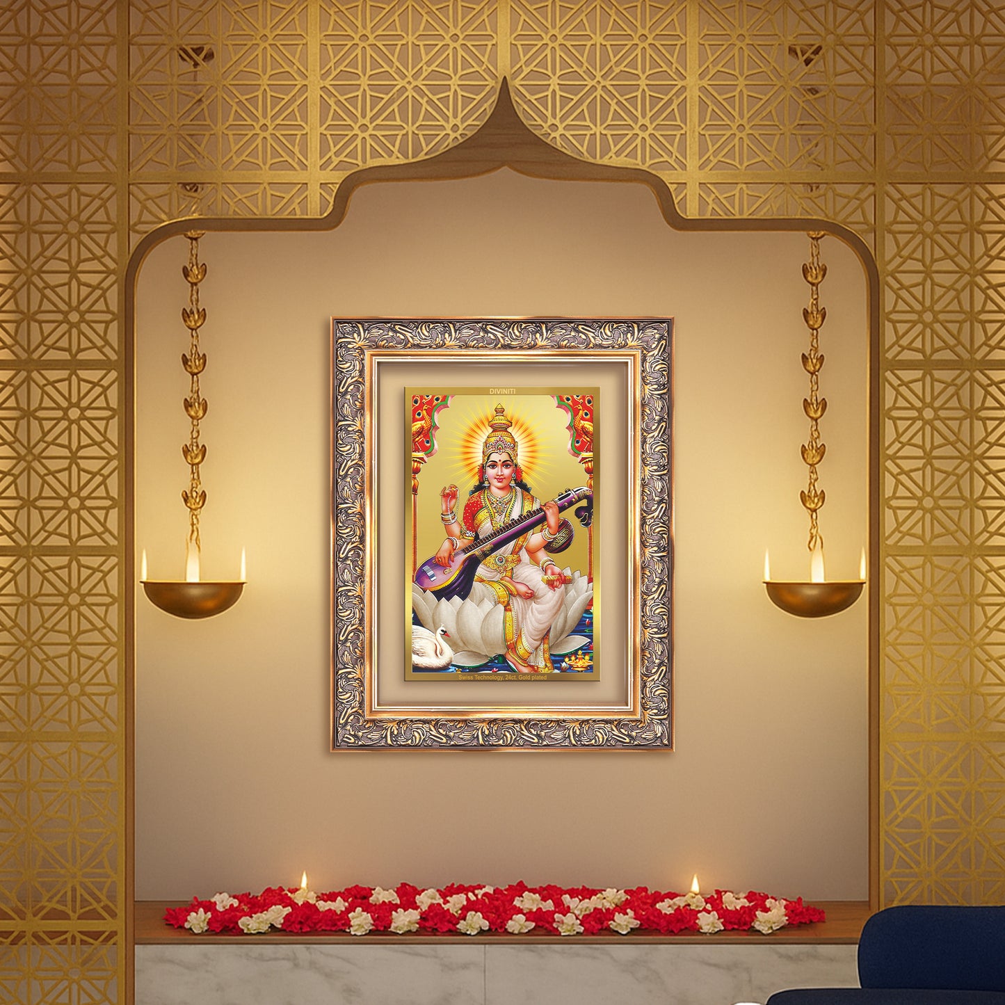 Goddess Saraswati | Divine Mother of Wisdom & Arts Wall Mount Photo Frame in 24K Gold Plated Foil