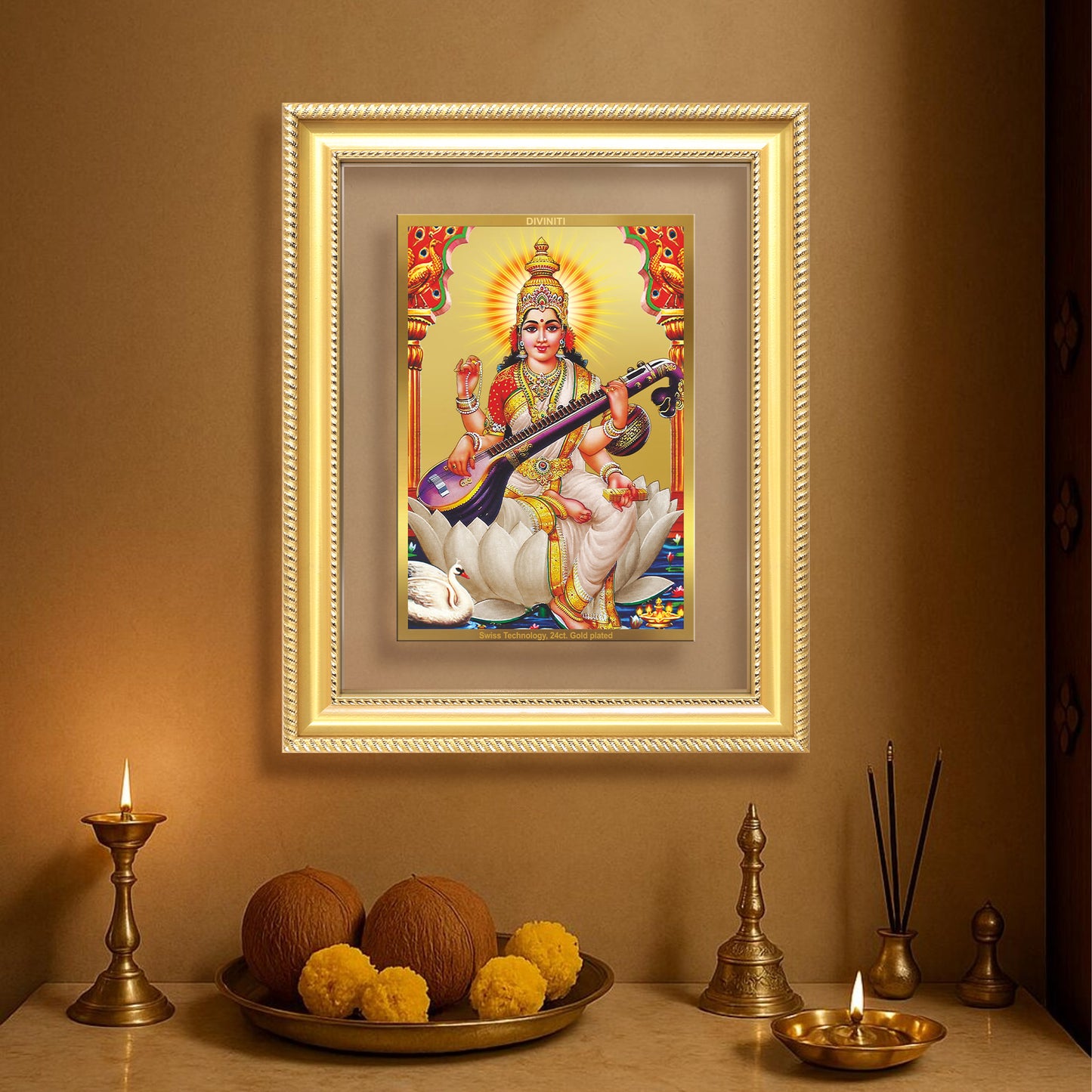 Goddess Saraswati | Divine Mother of Wisdom & Arts Wall Mount Photo Frame in 24K Gold Plated Foil