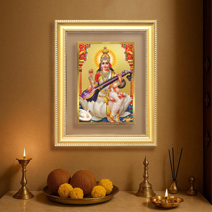Goddess Saraswati | Divine Mother of Wisdom & Arts Wall Mount Photo Frame in 24K Gold Plated Foil