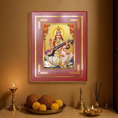 Goddess Saraswati | Divine Mother of Wisdom & Arts Wall Mount Photo Frame in 24K Gold Plated Foil
