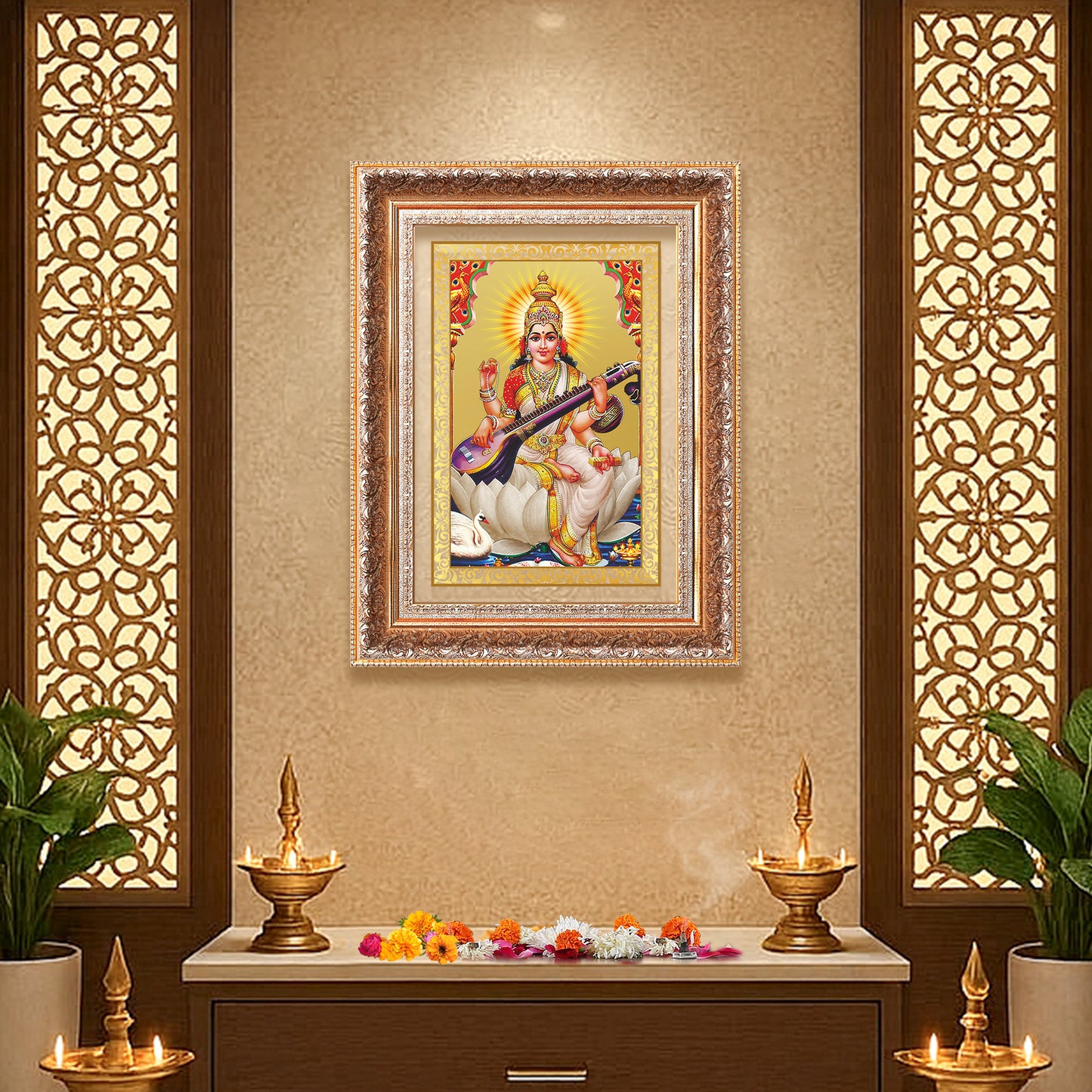 Goddess Saraswati | Divine Mother of Wisdom & Arts Wall Mount Photo Frame in 24K Gold Plated Foil