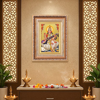 Goddess Saraswati | Divine Mother of Wisdom & Arts Wall Mount Photo Frame in 24K Gold Plated Foil