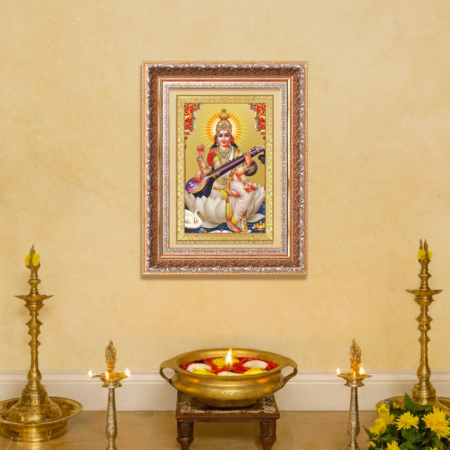 Goddess Saraswati | Divine Mother of Wisdom & Arts Wall Mount Photo Frame in 24K Gold Plated Foil